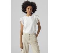 Rundhalsshirt VERO MODA "VMTASSA SL FRILL TOP NOOS", Damen, Gr. S, weiß (snow weiß), Jersey, Obermaterial: 95% Polyester, 5% Elasthan, loose fit normal, Rundhals, Shirts (52739564-S) snow weiß