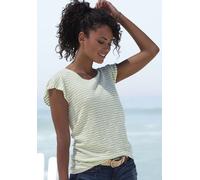 Kurzarmshirt VIVANCE "mit Streifenstruktur", Damen, Gr. 36/38, beige (creme, grün), Feinstrick, Obermaterial: 54% Polyester (REPREVE), 35% Baumwolle, 11% Viskose, gestreift, figurumspielend normal, Ru