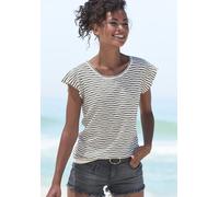 Rundhalsshirt VIVANCE "mit Streifenstruktur", Damen, Gr. 36/38, schwarz (creme, schwarz), Feinstrick, Obermaterial: 54% Polyester (REPREVE), 35% Baumwolle, 11% Viskose, gestreift, modisch, normal norm