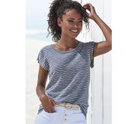 Rundhalsshirt VIVANCE "mit Streifenstruktur", Damen, Gr. 44/46, beige (rauchblau, creme), Feinstrick, Obermaterial: 54% Polyester (REPREVE), 35% Baumwolle, 11% Viskose, gestreift, normal normal, Rundh