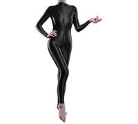 Runhomal Damen Glänzende Overall Jumpsuit Einteiler Ganzkörper Anzug Body Catsuit Gymnastikanzug Öl Glatt Sportbody Trikotanzug Schwarz Einheitsgröße