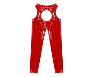 Runhomal Damen Wetlook Legging Ouvert-Hose Kunstleder Pants Lederhose Stretch Bleistifthose Lack-Optik Treggings Pencil Pants Gogo Clubwear A Rot S