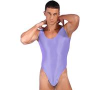 Runhomal Herren Einteiliger Badeanzug Stretch Body Bodysuit Rückenfrei Männer Glossy Overall Jumpsuit High Cut Stringbody Bademode Unterwäsche Helles Lila A XL