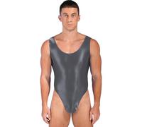 Runhomal Herren Einteiliger Badeanzug Stretch Body Bodysuit Rückenfrei Männer Glossy Overall Jumpsuit High Cut Stringbody Bademode Unterwäsche Dunkelgrau A XL