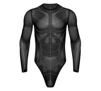 Runhomal Herren Transparent Body Mesh Unterhemd String Body Langarm Muskel Stringbody Männer Dessous Lingerie Reizwäsche Schwarz XXL