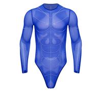 Runhomal Herren Transparent Body Mesh Unterhemd String Body Langarm Muskel Stringbody Männer Dessous Lingerie Reizwäsche Königsblau M