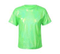 Runhomal Kinder Metallic T-Shirt Glänzend Kurzarm Crop Top Sommer Jazz Hip Hop Tanztop Mädchen & Jungen Performance Oberteile Tanzkleidung Fluorescent 116-122