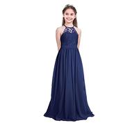 Runhomal Mädchen Chiffon Blumenmädchenkleid Spitzenkleid Festlich Ärmellos Prinzessin Brautjungfer Kleider Festkleid Elegant Abendkleid für Party Hochzeit Geburtstag Dunkelblau 140