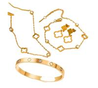 runhuabaihuo 1 Stück/Set 18 Karat vergoldeter Edelstahl Lucky Hollow Clover Set Zirkonia Halskette Armband Ohrring Armreif(Light Yellow Gold Color)