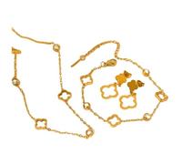 runhuabaihuo 1 Stück/Set 18 Karat vergoldeter Edelstahl Lucky Hollow Clover Set Zirkonia Halskette Armband Ohrring Armreif(Gold-color)