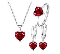 runhuabaihuo 925 Sterling Silber Schmuck-Sets for Frauen Herz Zirkon Ring Ohrringe Halskette(Red)