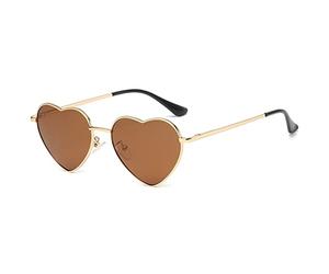 RUNHUIS Polarisiert Herzform Sonnenbrille Damen Herren Hippie Brille Vintage Liebe Sonnenbrille für Festival Party Gold Metallrahmen mit UV400 (Gold/Braun)