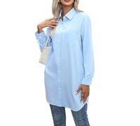 Runmeihe Longbluse für Damen mit Knöpfen, Business Blusen & Tuniken mit V-Ausschnitt, Langarmoberteile aus Polyester (DE/NL/SE/PL, Alphanumerisch, S, Große Größen, Tall, Blue)