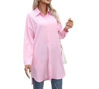 Runmeihe Longbluse für Damen mit Knöpfen, Business Blusen & Tuniken mit V-Ausschnitt, Langarmoberteile aus Polyester (DE/NL/SE/PL, Alphanumerisch, M, Große Größen, Tall, Pink)