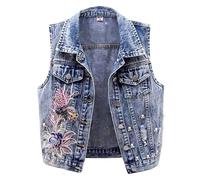 Runstarshow Ärmellose Denim-Weste für Damen, Jeansweste, kurze Weste, Knopfleiste, Retro-Jeansjacke, elegant, bestickt, Blumenmuster, Frühling, Herbst, Kleidung, Größe S-XXL/EU 34-44
