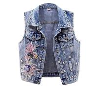 Runstarshow Ärmellose Denim-Weste für Damen, Jeansweste, kurze Weste, Knopfleiste, Retro-Jeansjacke, elegant, bestickt, Blumenmuster, Frühling, Herbst, Kleidung, Größe S-XXL/EU 34-44, blau, L