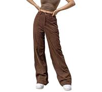 Runstarshow Damen Cordhose Hohe Taille Bereites Bein Hose mit Taschen Lässig einfarbig Freizeithose mit Knopf Übergroß All-Match Streetwear Herbst