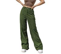 Runstarshow Damen Cordhose Hohe Taille Bereites Bein Hose mit Taschen Lässig einfarbig Freizeithose mit Knopf Übergroß All-Match Streetwear Herbst