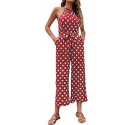 Runstarshow Damen-Jumpsuit, Sommer, Neckholder, Playsuit, ärmellos, weites Bein, Jumpsuit mit Taschen, einteiliges Outfit, eleganter Jumpsuit, gepunktet mit Gürtel, S-XL, rot, 38