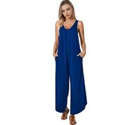 Runstarshow Sommer-Jumpsuit für Damen, weites Bein, Spielanzug, Übergröße, V-Ausschnitt, Strampler, Baggy-Hose mit Taschen, lockere Passform, breite Träger, einfarbig, S-XXL/EU 36-48, blau, 38