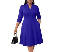 Runwind Kleid in Übergröße für kurvige Frauen, V-Ausschnitt, 3/4-Ärmel, halbformell, Herbst, Kirche, Hochzeit, Gast, Cocktailparty, Midi-Kleid, Blau, X-Large Mehr