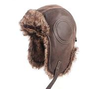 Russische Mütze Ushanka Warme Pelzmütze Leder Army Helm Bomber Herren Trapper Pilot Fliegermütze Mit Goggle Sowjetisch Für Damen,Braun,57-60Cm