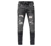 Rusty Neal Herren Biker-Jeans 'Misato' DIE-Absolute-Jeans Slim Fit Stretch Destroyed Biker Zip-Design mit Stylischer Knopfleiste und Kontrast-Naht 241, Farbe:Dark Grey Used, Größe Jeans L32:33W / 32L