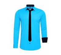 Rusty Neal Herren-Hemd Premium Slim Fit Langarm Stretch Kontrast Hemd mit Krawatte Business-Hemden Outfit Freizeithemd Set 44_99, Größe:6XL, Farbe:Türkis