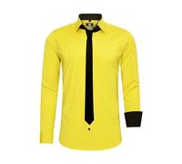 Rusty Neal Herren-Hemd Premium Slim Fit Langarm Stretch Kontrast Hemd mit Krawatte Business-Hemden Outfit Freizeithemd Set 44_99, Größe:L, Farbe:Gelb