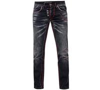 Jeans Hose "RUBEN" Black Used mit Neon Roter Ziernaht 29W/32L