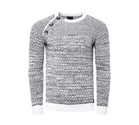 Rusty Neal Herren Pullover Rundhals Strick mit Knopfleiste und Kontrast Bündchen Grobstrick Knitwear 363, Farbe:Weiß, Größe S-3XL:L