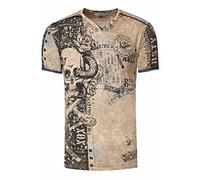 Rusty Neal Herren T-Shirt All Over Skull X Snake X Rose Print Wildleder-Band Knopf-Verzierung V-Neck Stretch Streetwear Used-Look Shirt 293, Farbe:Olive, Größe S-3XL:M