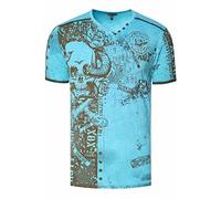 Rusty Neal Herren T-Shirt All Over Skull X Snake X Rose Print Wildleder-Band Knopf-Verzierung V-Neck Stretch Streetwear Used-Look Shirt 293, Farbe:Türkis, Größe S-3XL:XXL