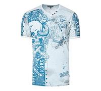 Rusty Neal Herren T-Shirt All Over Skull X Snake X Rose Print Wildleder-Band Knopf-Verzierung V-Neck Stretch Streetwear Used-Look Shirt 293, Farbe:Hell Blau, Größe S-3XL:M
