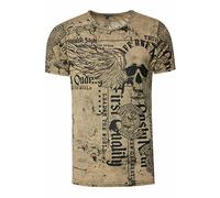 Rusty Neal Herren T-Shirt Verwaschen mit Plakativem Print 'Flying-Skull' Stretch-Shirt Streetwear-Finest mit Seitlicher-Knopfleiste 296, Farbe:Khaki, Größe S-3XL:M