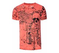 Rusty Neal Herren T-Shirt Verwaschen mit Plakativem Print 'Flying-Skull' Stretch-Shirt Streetwear-Finest mit Seitlicher-Knopfleiste 296, Farbe:Koralle, Größe S-3XL:L