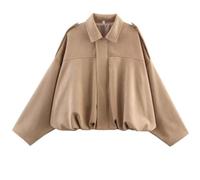 RVUEM Damen Bomberjacke Aus Wildlederimitat, LäSsiger Pilotenmantel Mit Kurzem Revers, Oversize Langarmjacken, Motorradjacken, 2025 Oberbekleidung,Khaki,L