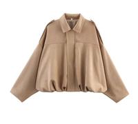 RVUEM Damen Bomberjacke Aus Wildlederimitat, Oversize Pilotenjacke, Herbst Revers ReißVerschluss Motorrad Streetwear Oberbekleidung, Langarmjacke,Khaki,S