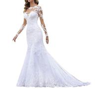 RVUEM WeißEs Hochzeitskleid, Ballkleider Aus Spitze, Lange Abendkleider, LuxuriöSes Ballkleid FüR Damen, Aus TüLl, Mit Spitzenapplikationen,Weiß,14