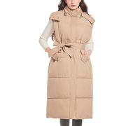 RWGSNB Ärmellose Weste Damen Damen Weste Kapuze und Wattierung Winter Bodywarmer Lange Wattierte Ärmellose Jacke Reißverschluss Lässige Wattierte Thermoweste Outdoor Mantel Gürtel Khaki Xxl