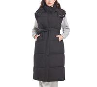 RWGSNB Ärmellose Weste Damen Damen Weste Kapuze und Wattierung Winter Bodywarmer Lange Wattierte Ärmellose Jacke Reißverschluss Lässige Wattierte Thermoweste Outdoor Mantel Gürtel Schwarz Größe L