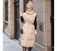 RWGSNB Ärmellose Weste Damen Lange Gesteppte Damenweste Kapuze Leichte Modische Ärmellose Jacke Wattierte Steppweste Reißverschluss Thermomantel für Outdoor Winter Khaki Größe S