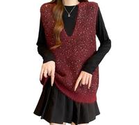 RWGSNB Ärmellose Weste Strick Damen Pailletten Strickpullover Weste Glitzer Ärmellos Pullover Lässige Westen Tunika Herbst Warm Strickmode Party Schimmer Tank Top Rot S