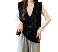 RWGSNB Ärmellose Weste Strick Damen Pailletten Strickpullover Weste Glitzer Ärmellos Pullover Lässige Westen Tunika Herbst Warm Strickmode Party Schimmer Tank Top Schwarz XL