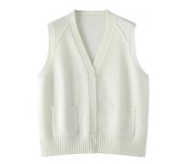 RWGSNB Ärmellose Weste Strick Damen Strickweste Aus 100 Merinowolle Weiche Warme Strickweste Aus Wolle Modischer Ärmelloser Cardigan mit V Ausschnitt und Knöpfen EIN Lässiges Oberteil Weiß Größe M