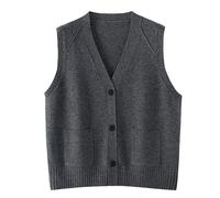 RWGSNB Ärmellose Weste Strick Damen Strickweste Aus 100 Merinowolle Weiche Warme Strickweste Aus Wolle Modischer Ärmelloser Cardigan mit V Ausschnitt und Knöpfen EIN Lässiges Oberteil Dunkelgrau