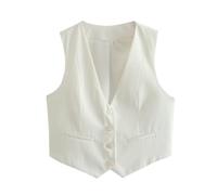 RWGSNB Damen Anzugweste Kurzer V Ausschnitt Einreihiger Blazer Damen Freizeit Sommer Business Blazer Tanktop Formelle Arbeitsjacke Ärmellos Weiß Größe S