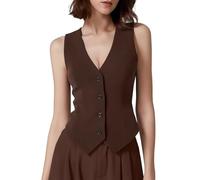 RWGSNB Damen Anzugwesten Kurze Schmal Geschnittene Businessweste mit Knopfleiste Elegante Ärmellose Damenblazer Einfarbige Freizeitjacke für Büro und Beruf Tanktop Braun Größe L