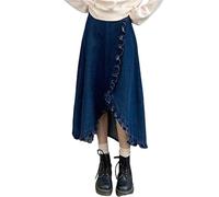 RWGSNB Jeansrock Damen, Midi Jeansrock für Damen Unregelmäßig Ausgestellter Rüschenrock Hohe Taille Geschlitzter Jeansrock Vielseitige Damenbekleidung für Den Alltag Und Dating M