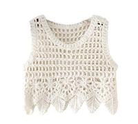 RWGSNB Pullover Westen, Damen Häkel Westenoberteil Ausgehöhltes Netz Strick Sommer Tanktop Lässiger Rundhalspullover Badeanzug Leicht Durchsichtig Kurzer Strandüberzug Weiß M